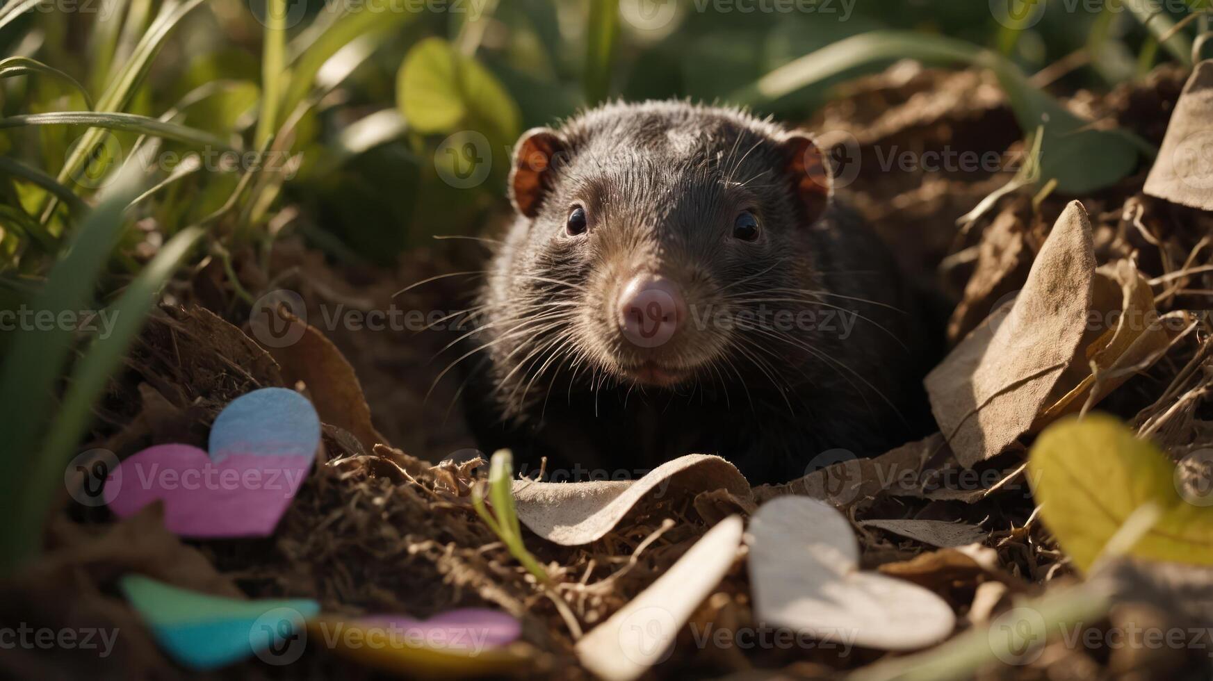 A cute animal peeking from a burrow surrounded by colorful heart shapes. photo