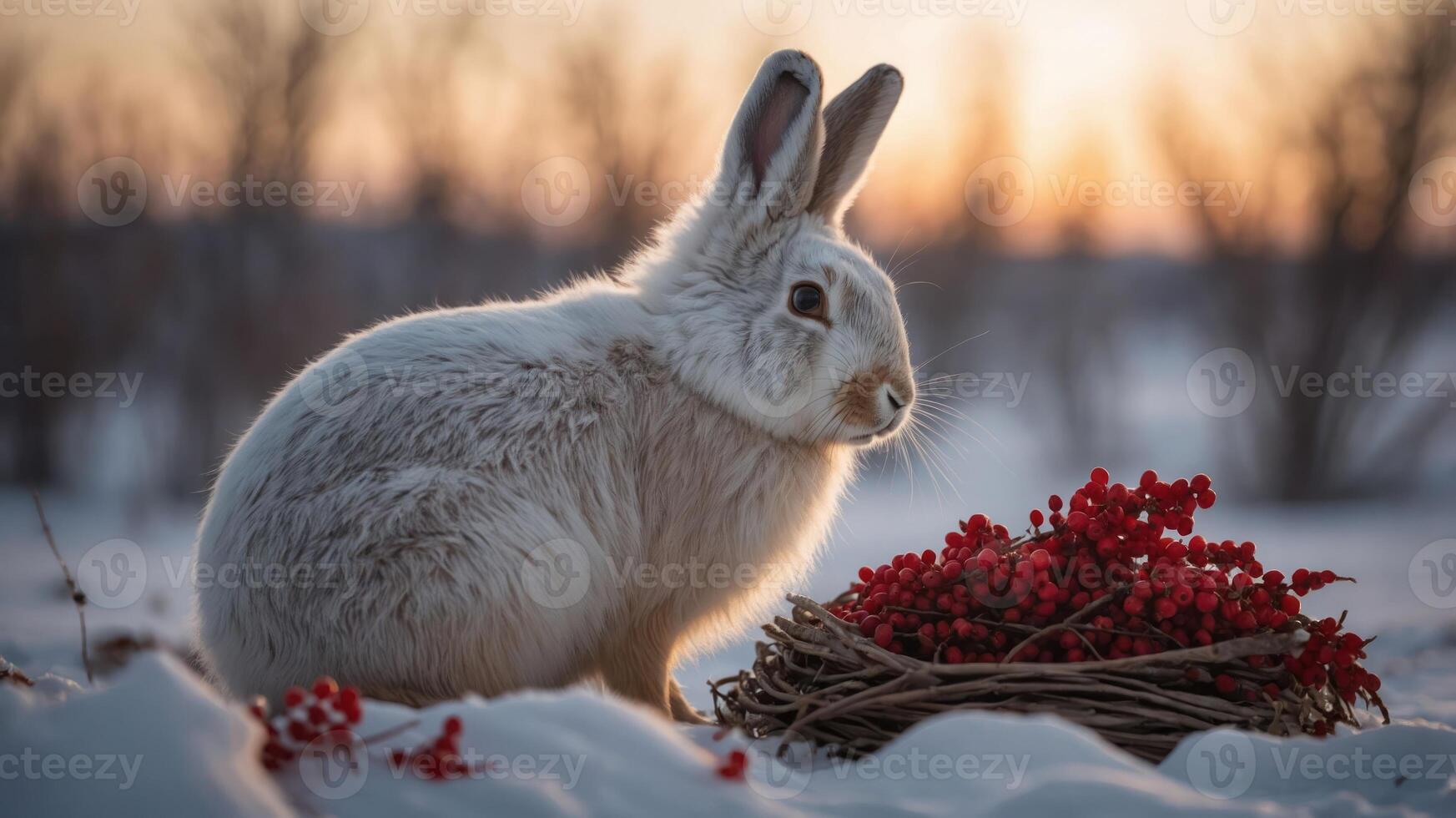 A serene white rabbit beside a nest of red berries in a snowy landscape at sunset. photo
