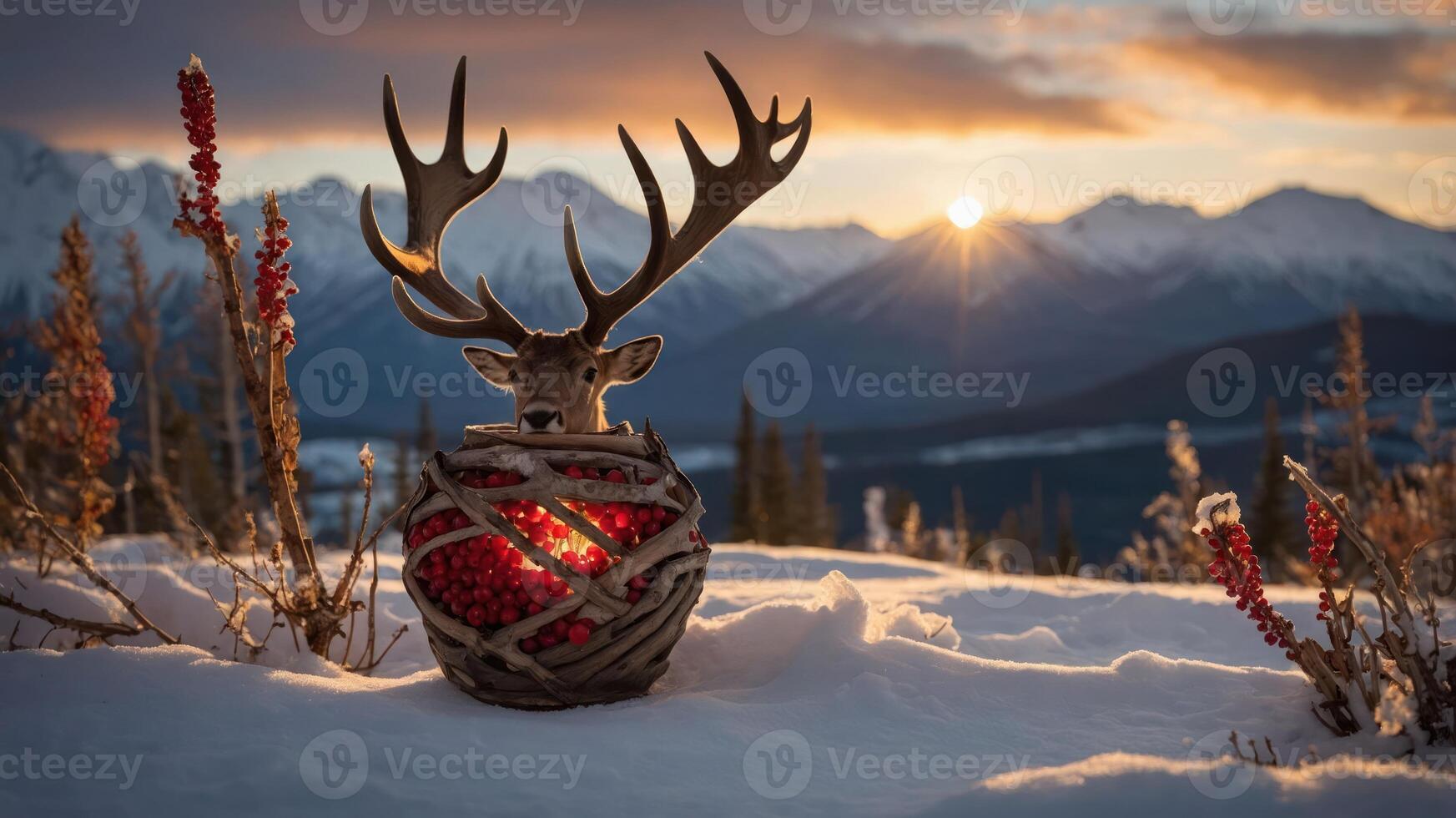 A deer peeks through a decorative basket filled with red ornaments in a snowy mountain landscape. photo