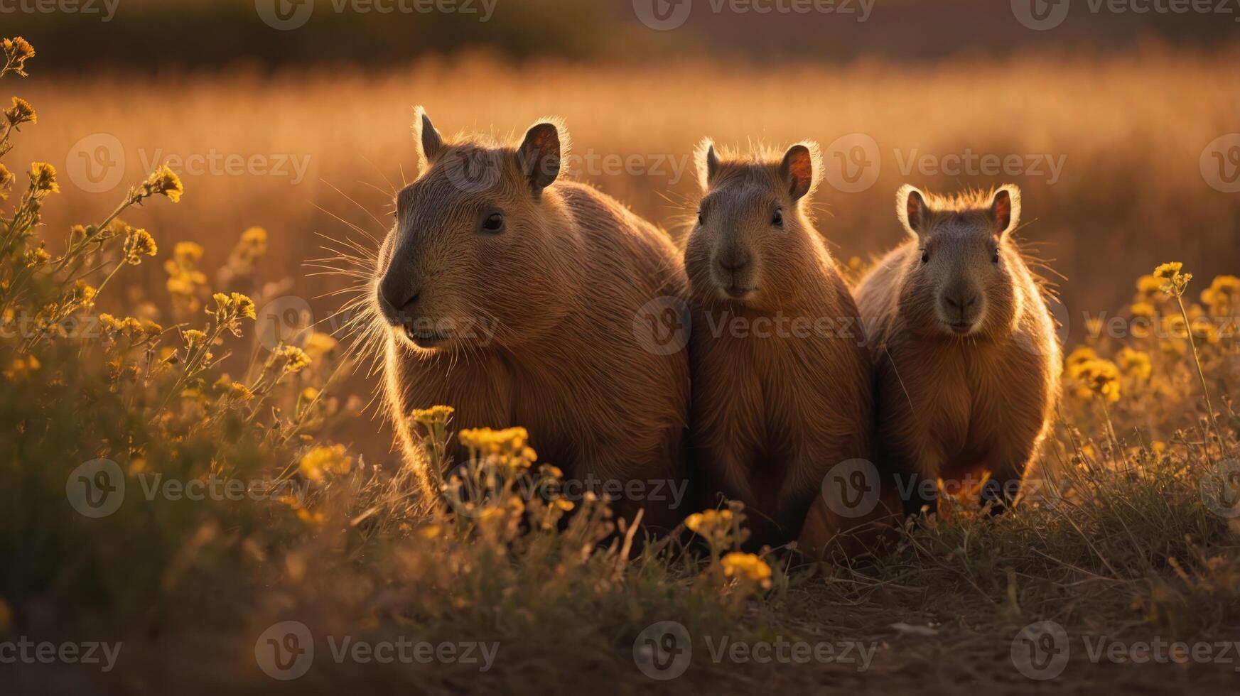Three capybaras in a golden field with flowers at sunset. photo
