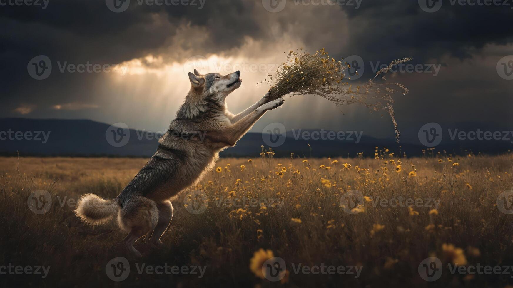 A dog joyfully leaps in a field, grasping a handful of grass under dramatic clouds. photo