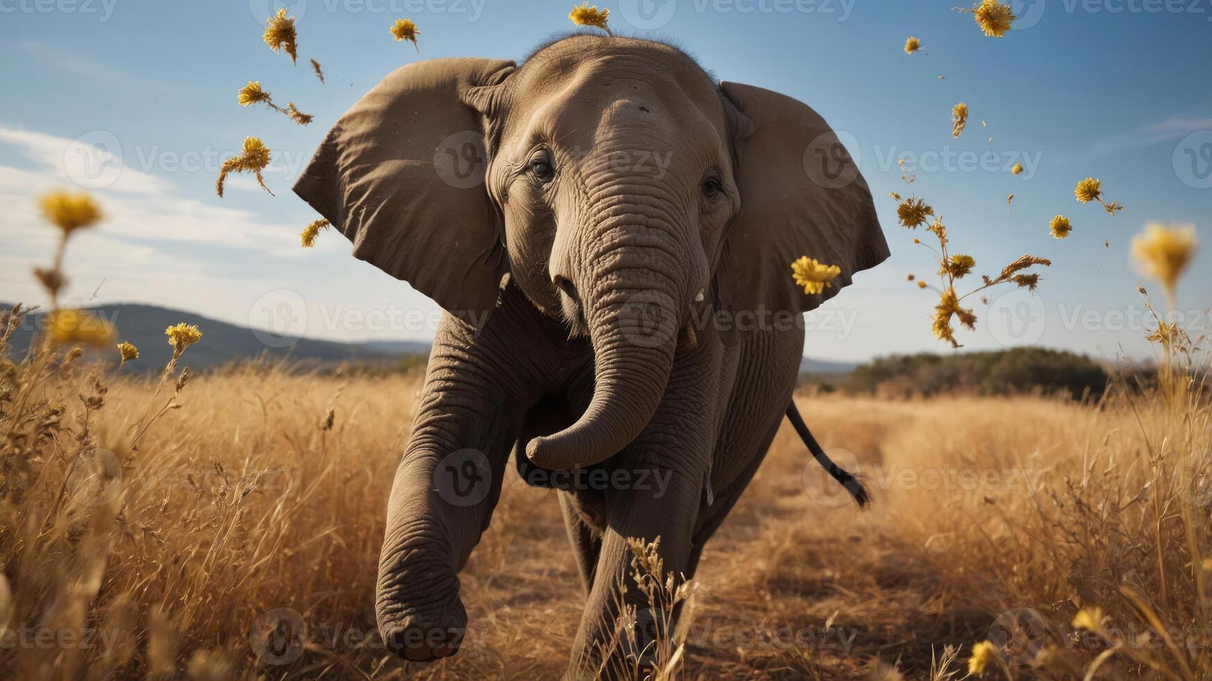 An elephant joyfully running through a golden grass field under a clear blue sky. photo
