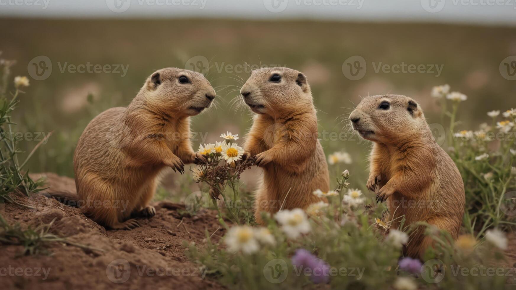 Three prairie dogs holding flowers in a field of daisies, showcasing nature's beauty. photo