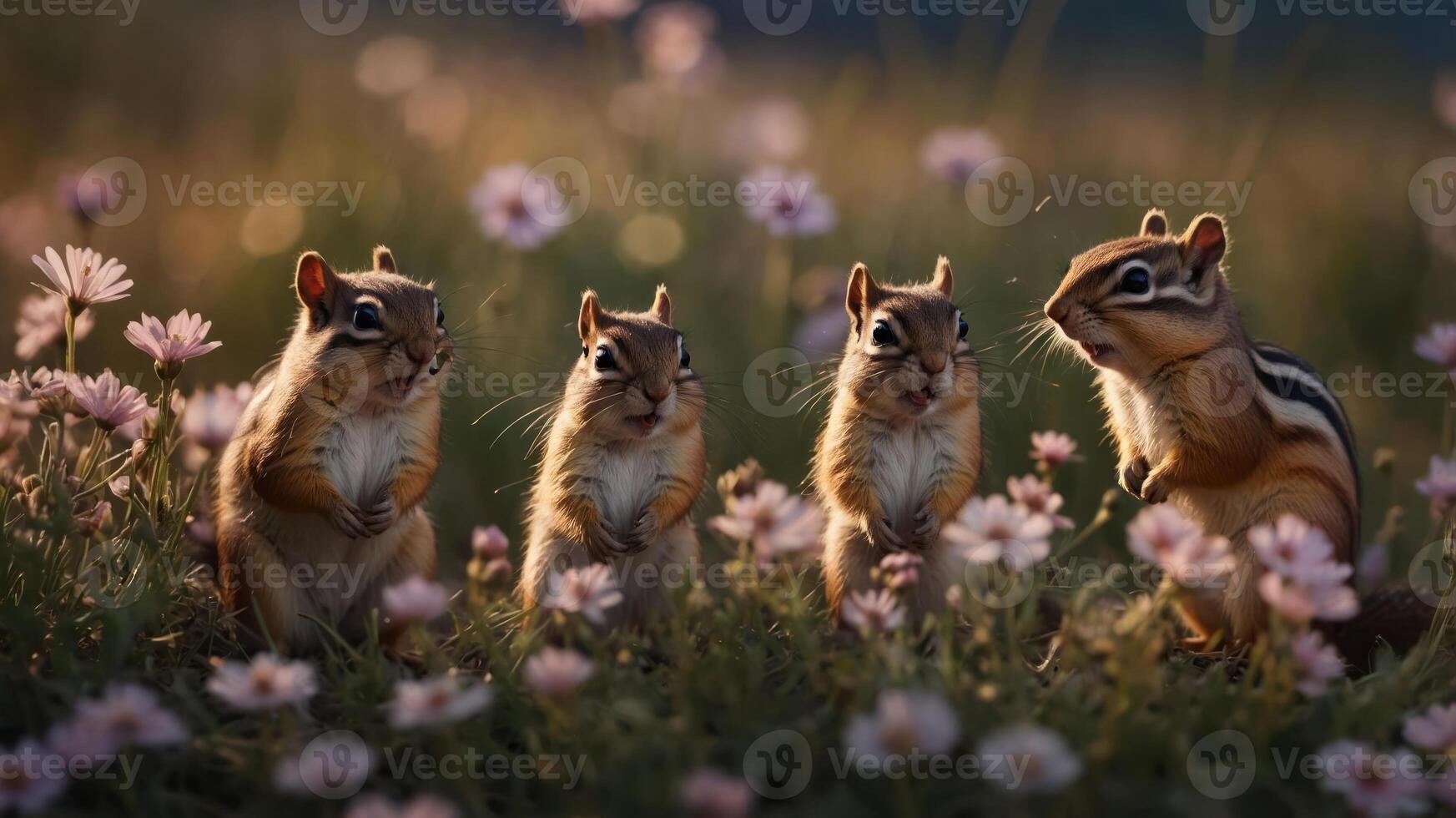 Four chipmunks standing among flowers in a serene, natural setting. photo