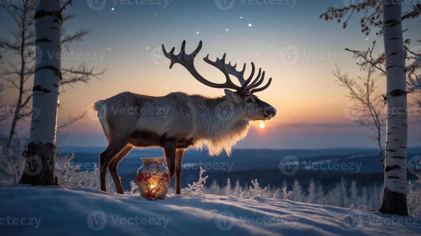 A serene reindeer stands in a snowy landscape at sunset, with a glowing lantern nearby. photo