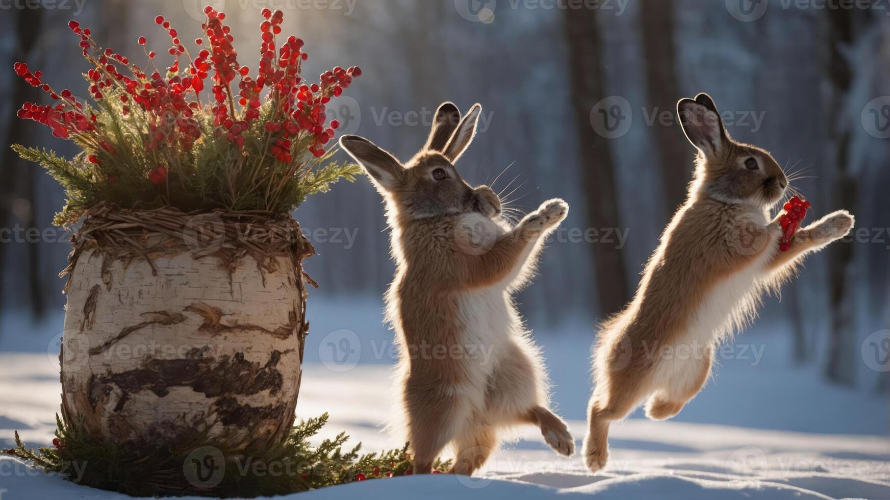 Two rabbits play joyfully near a flower arrangement in a snowy forest. photo