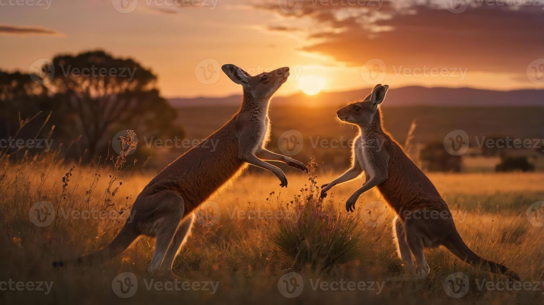 Two kangaroos playfully interacting during a sunset in a grassy landscape. photo