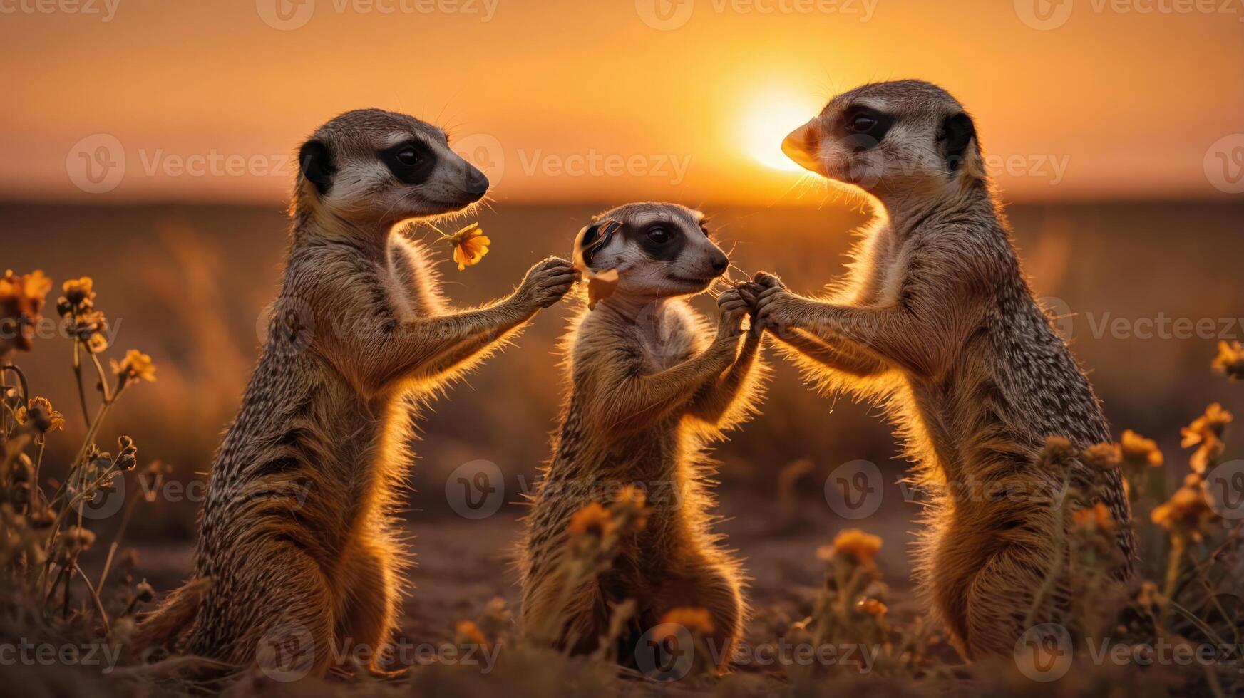 Three meerkats interact playfully against a stunning sunset backdrop in a natural setting. photo