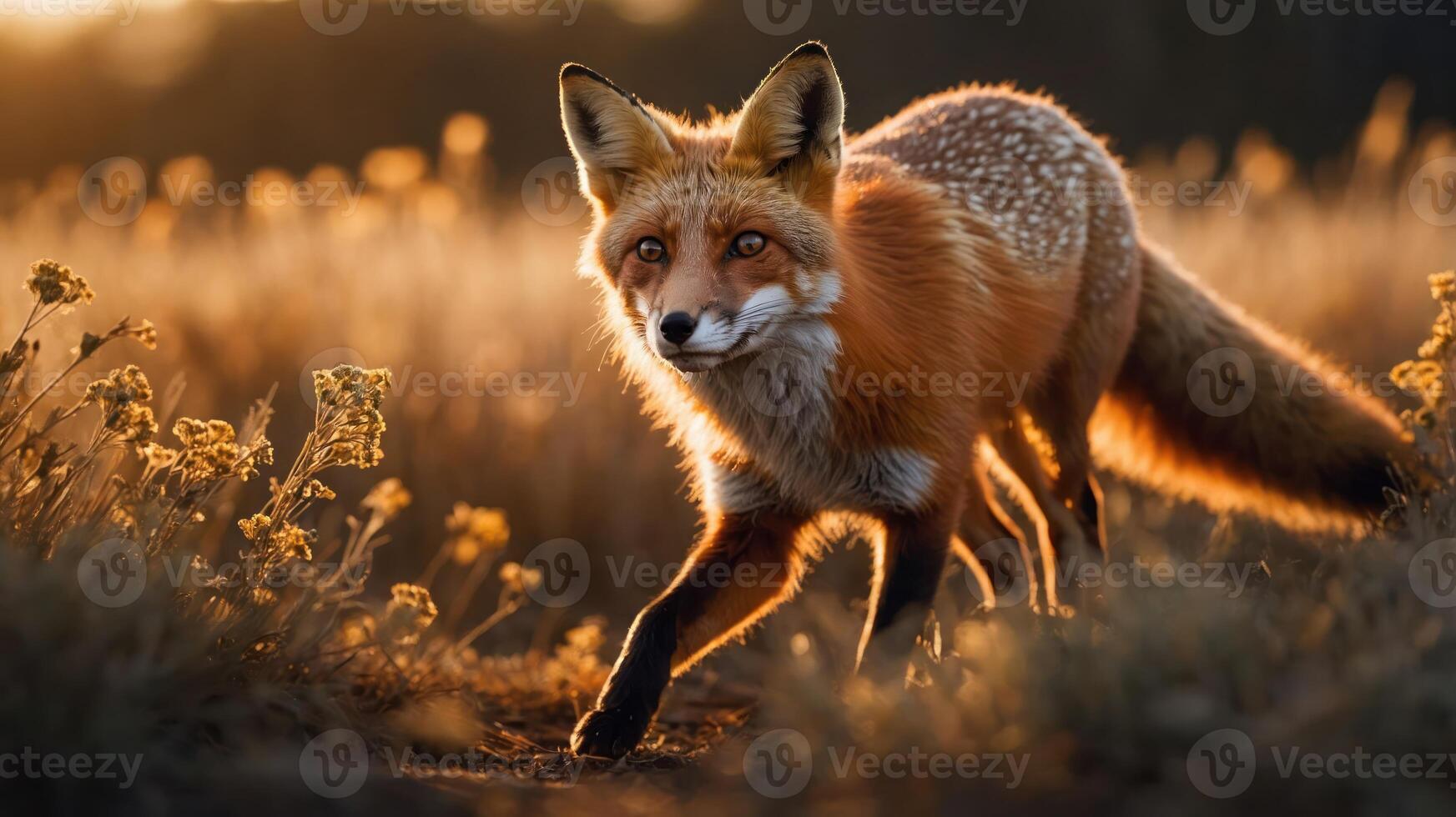 A red fox walking through a sunlit field, capturing the beauty of wildlife. photo