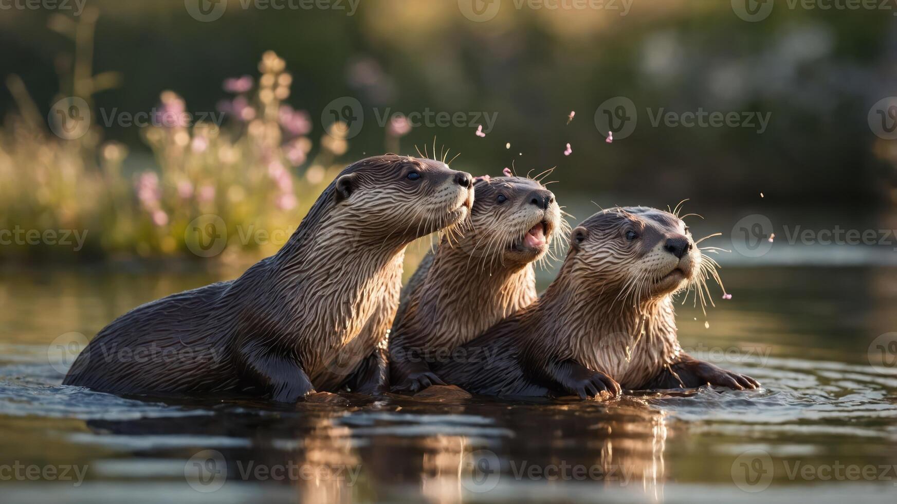 Three playful otters swimming together in a serene environment. photo