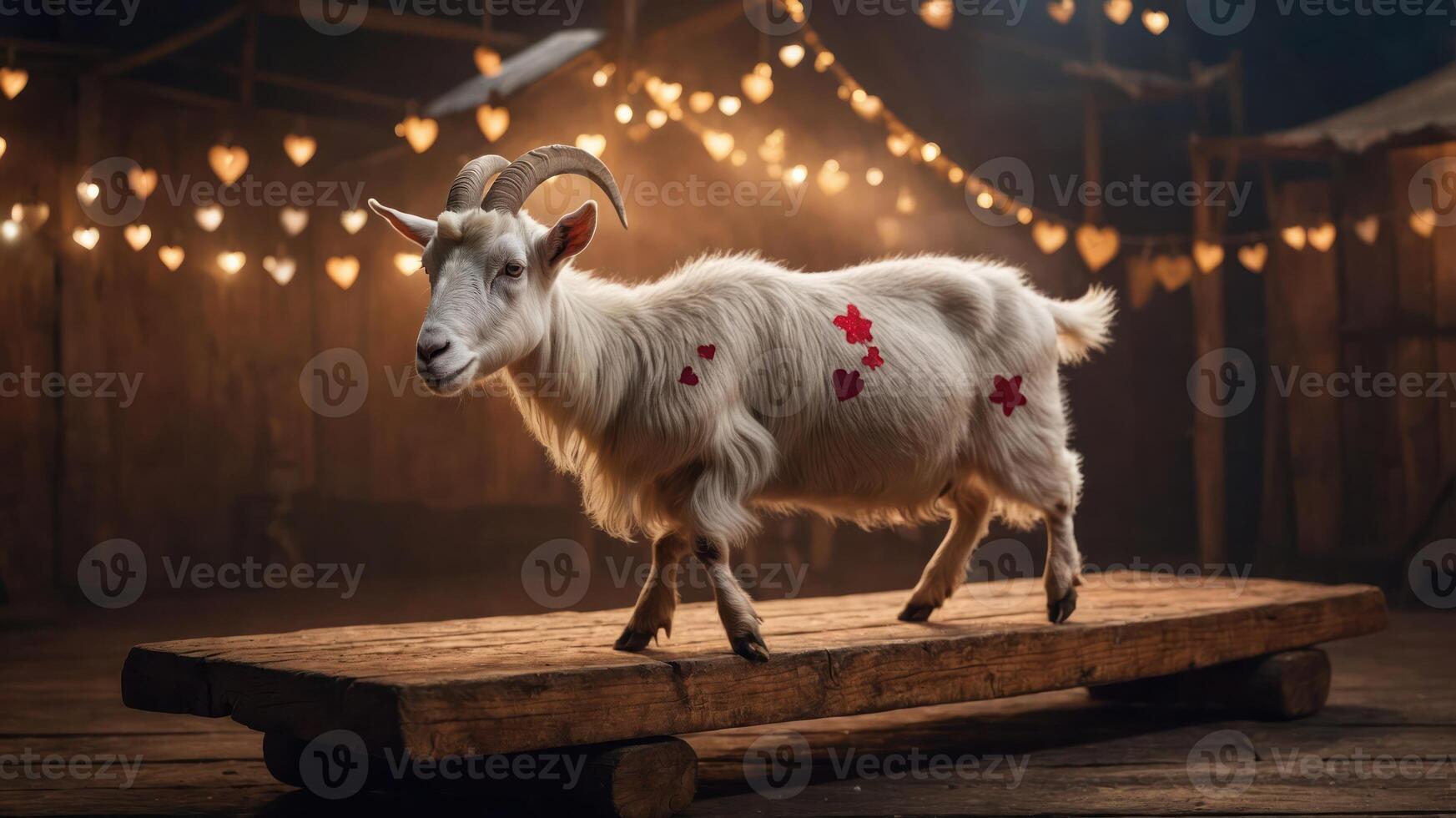 A decorated goat walking on a wooden platform under warm lights. photo