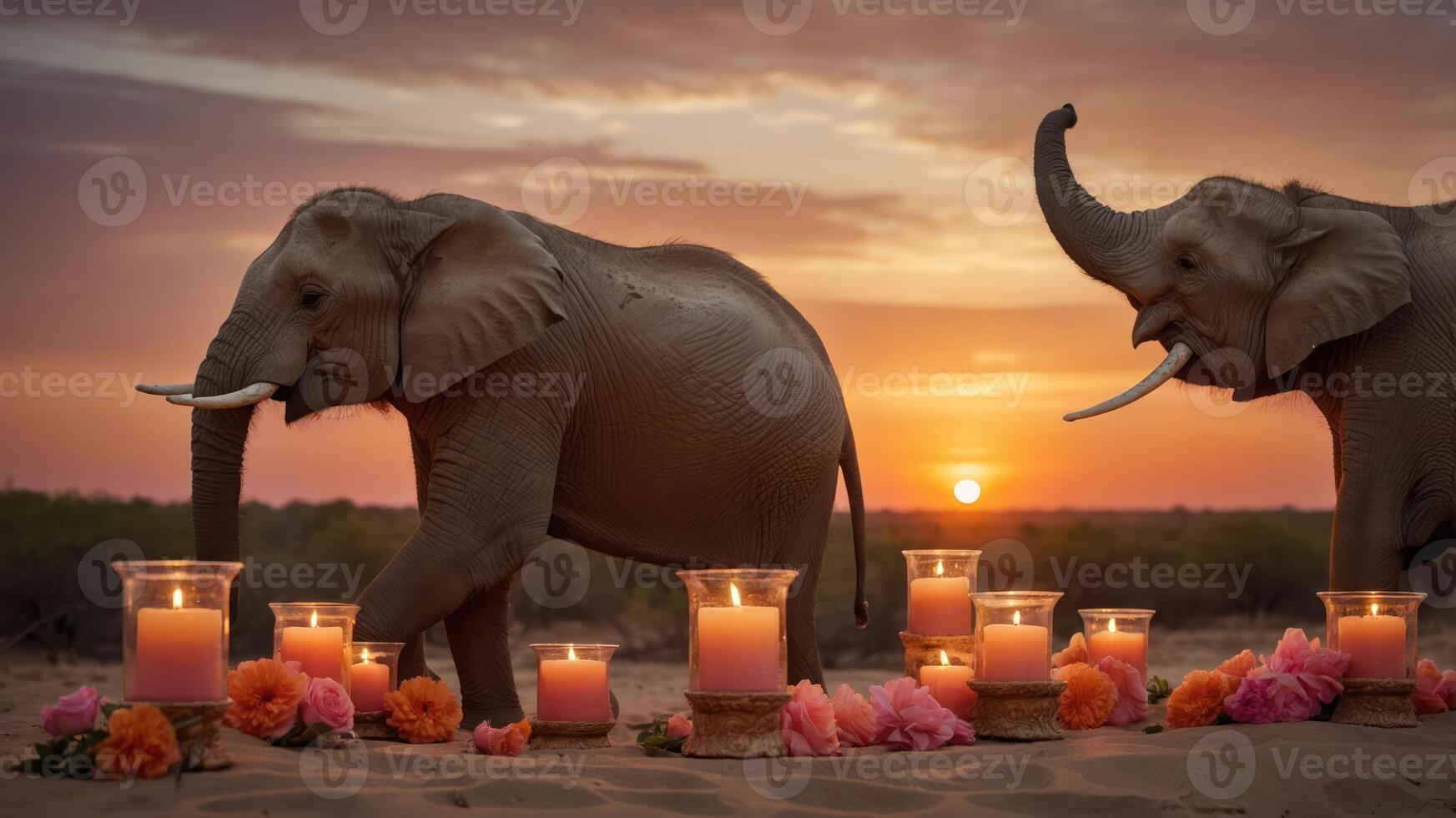 Two elephants walking among candles and flowers at sunset in a serene environment. photo