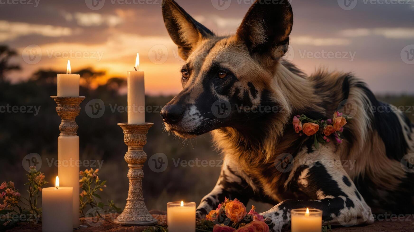 A serene scene featuring an African wild dog surrounded by candles and flowers at sunset. photo