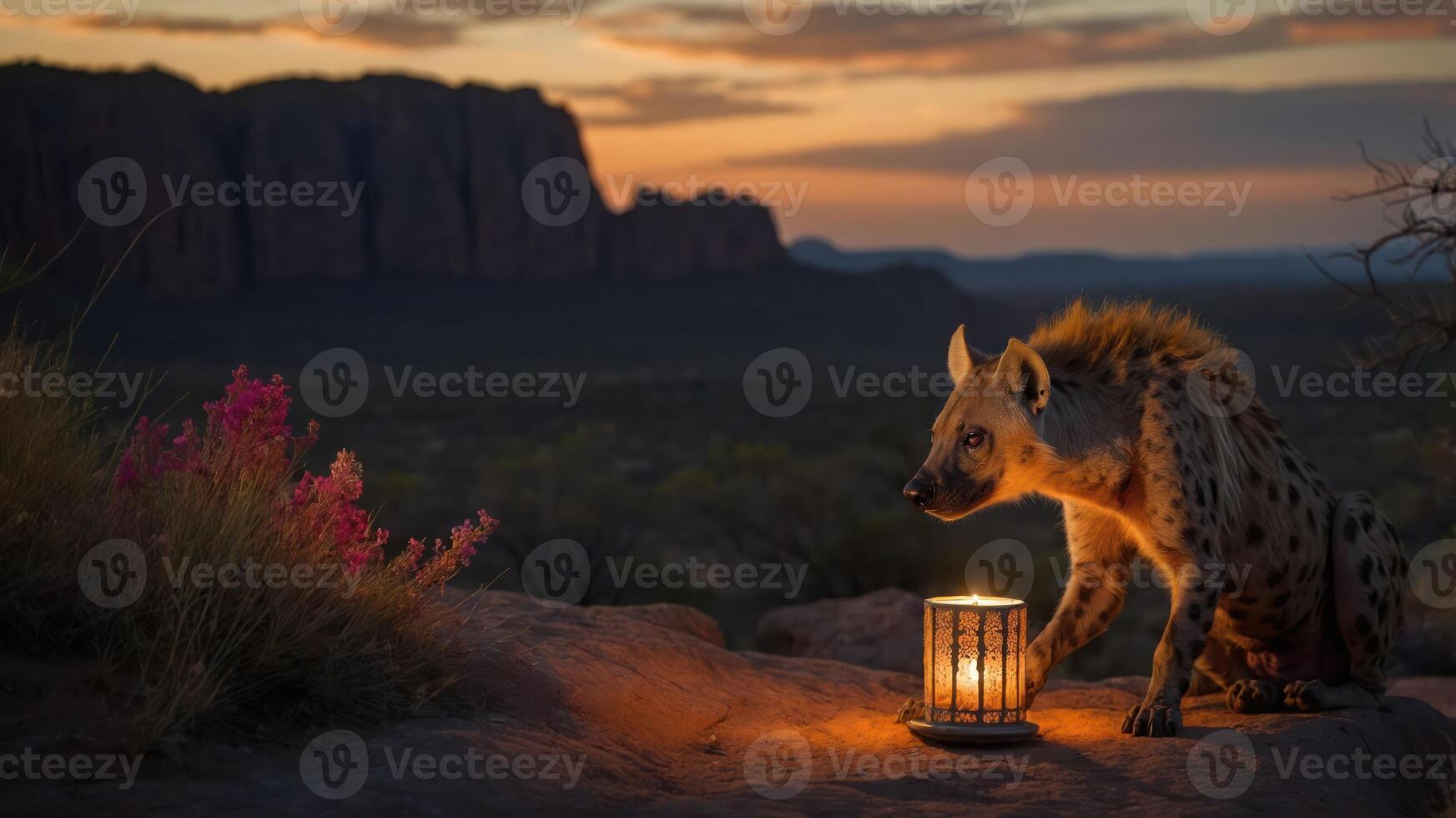A hyena curiously approaches a glowing lantern in a scenic landscape at sunset. photo