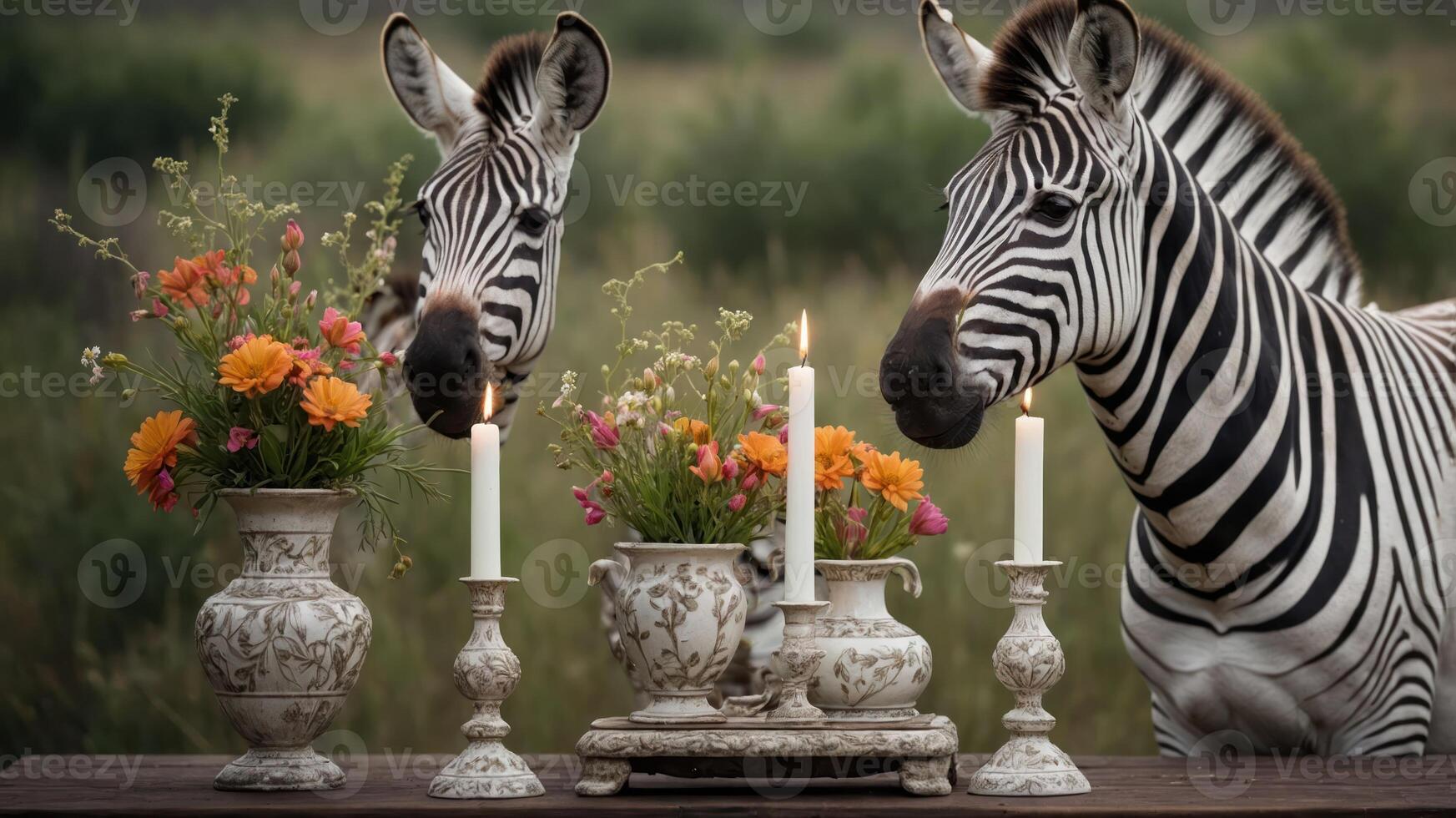 Two zebras curiously examine a rustic table adorned with flowers and candles in a natural setting. photo