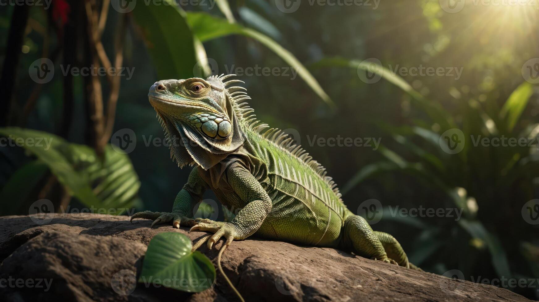 A green iguana perched on a rock amidst lush vegetation in a vibrant jungle setting. photo