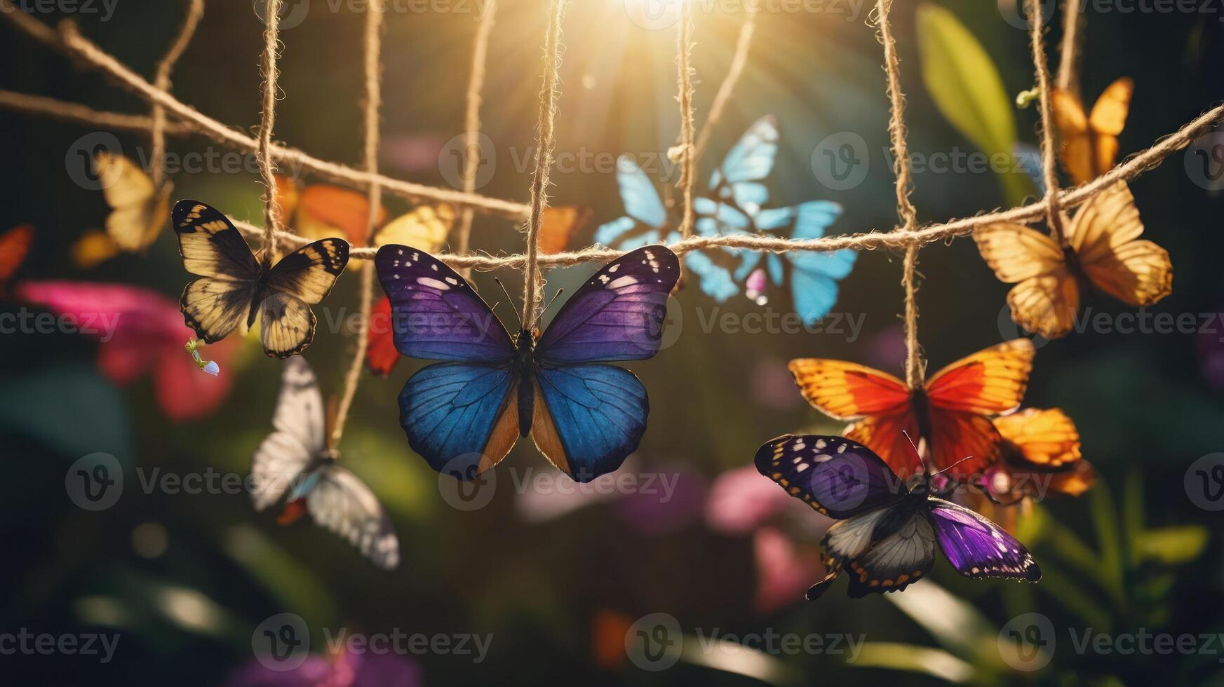 A vibrant display of colorful butterflies hanging from twine in a lush, illuminated setting. photo