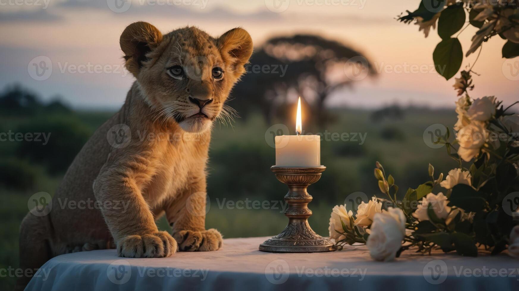 A lion cub sits beside a candle and flowers on a table during sunset in a serene landscape. photo