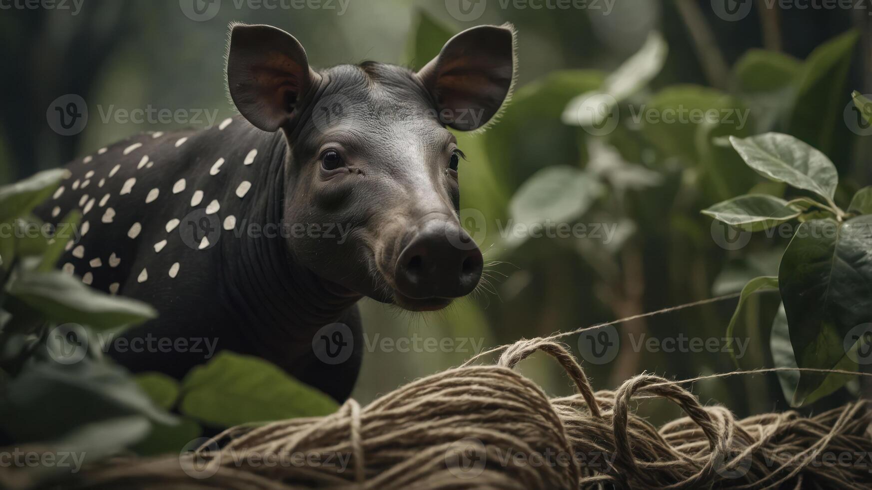 A close-up of a spotted pig in a lush, green environment surrounded by plants and ropes. photo