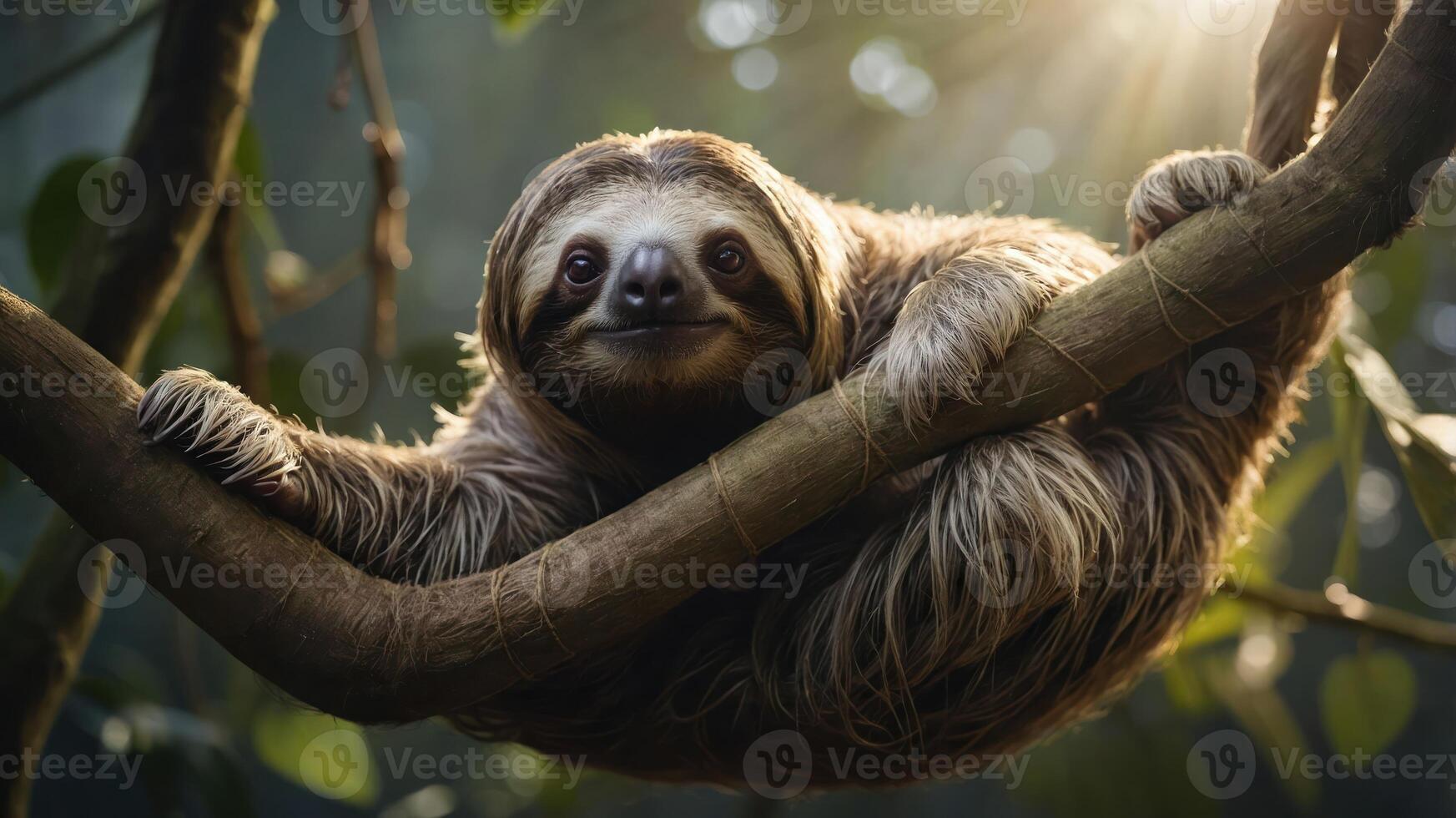 A sloth resting on a branch in a sunlit forest, showcasing its relaxed demeanor. photo
