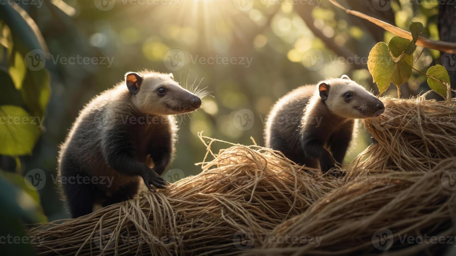 Two animals exploring a natural setting amidst sunlight and foliage. photo