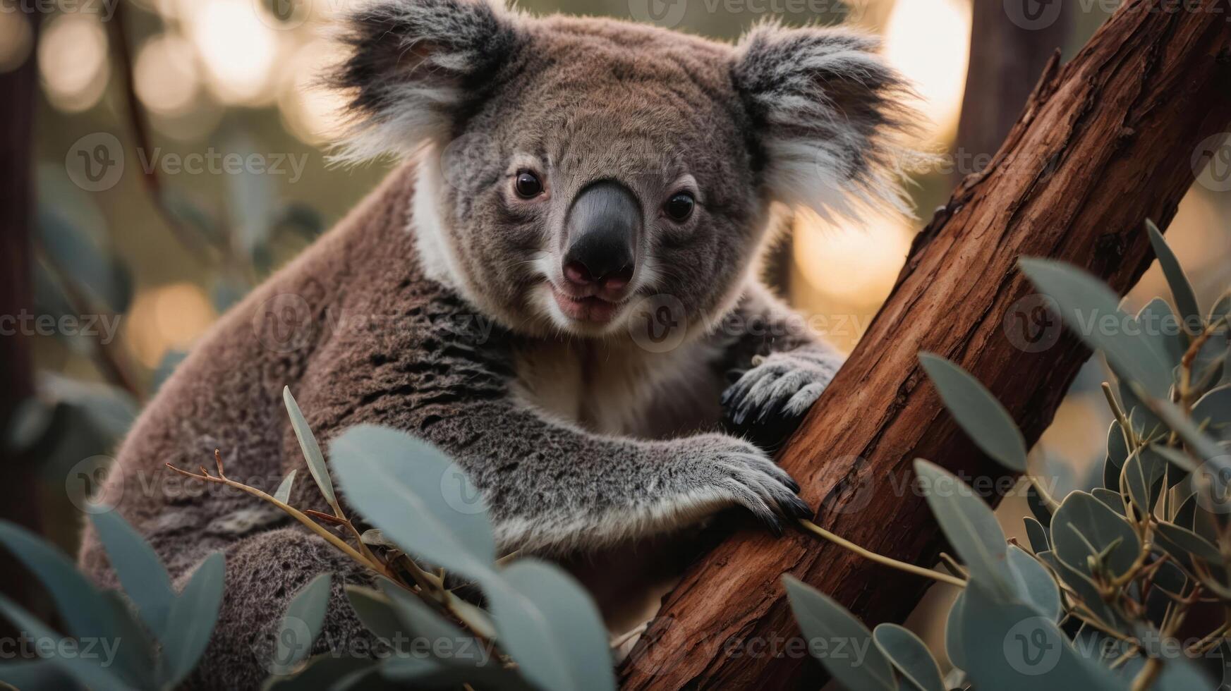 A close-up of a koala perched on a tree branch among eucalyptus leaves. photo
