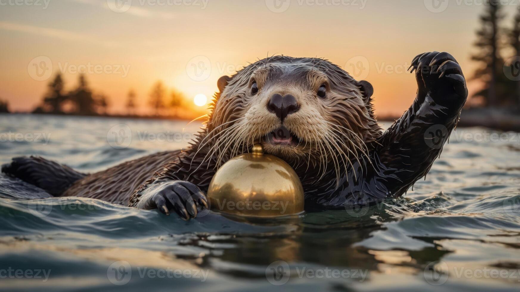 A playful otter holds a golden bell in water during a sunset. photo