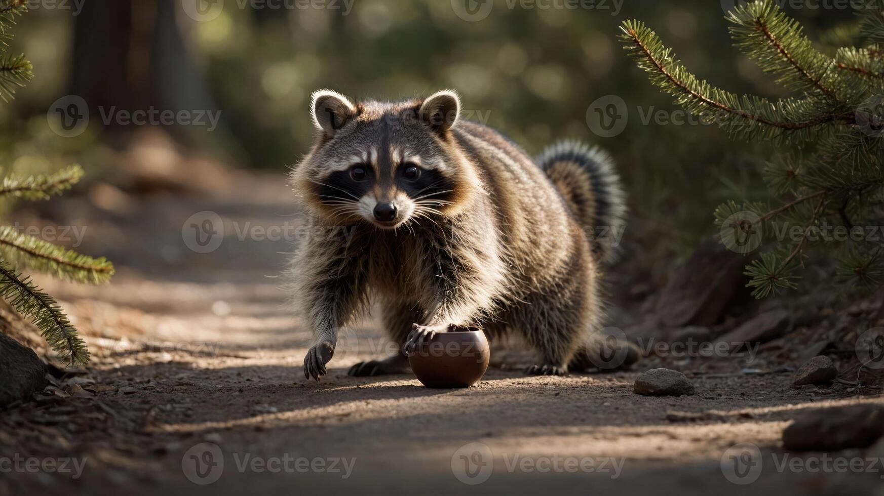 A raccoon playfully rolling a small object along a forest path. photo