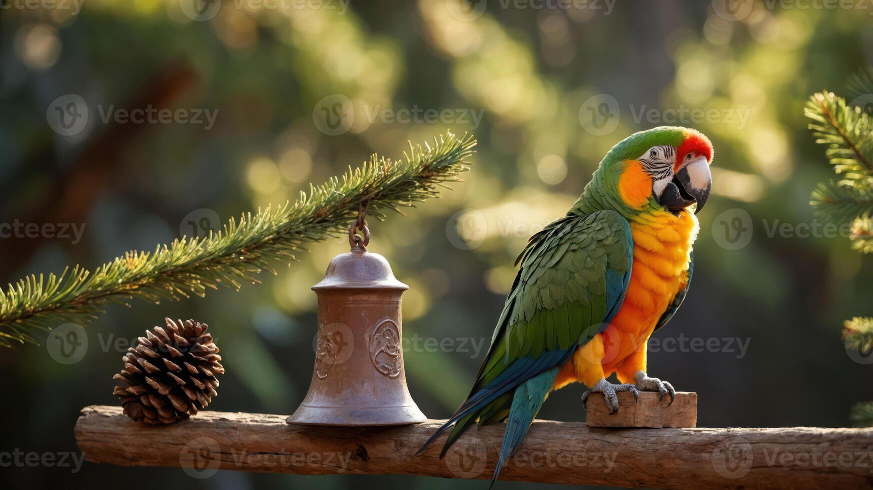 A colorful parrot perched on a branch near a bell and a pine cone in a natural setting. photo