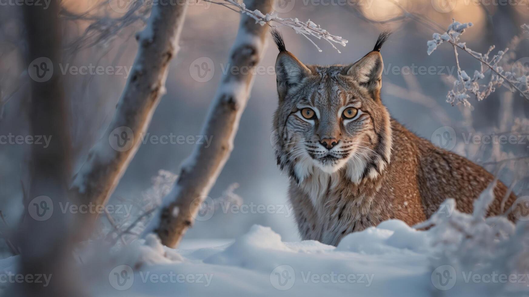 A lynx resting in a snowy forest, showcasing its striking features and natural habitat. photo