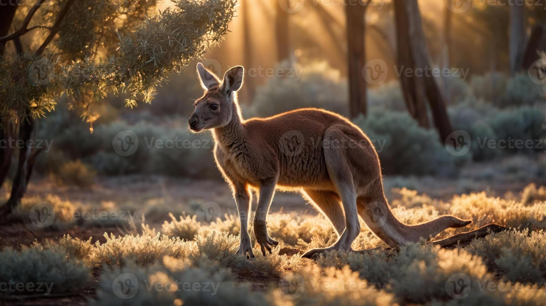 A kangaroo stands gracefully in a sunlit forest, surrounded by soft foliage. photo