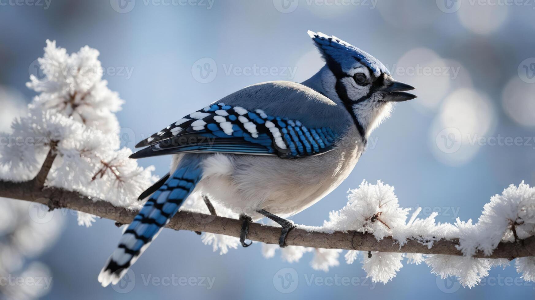 A blue jay perched on a frosty branch, showcasing its vibrant colors against a soft background. photo