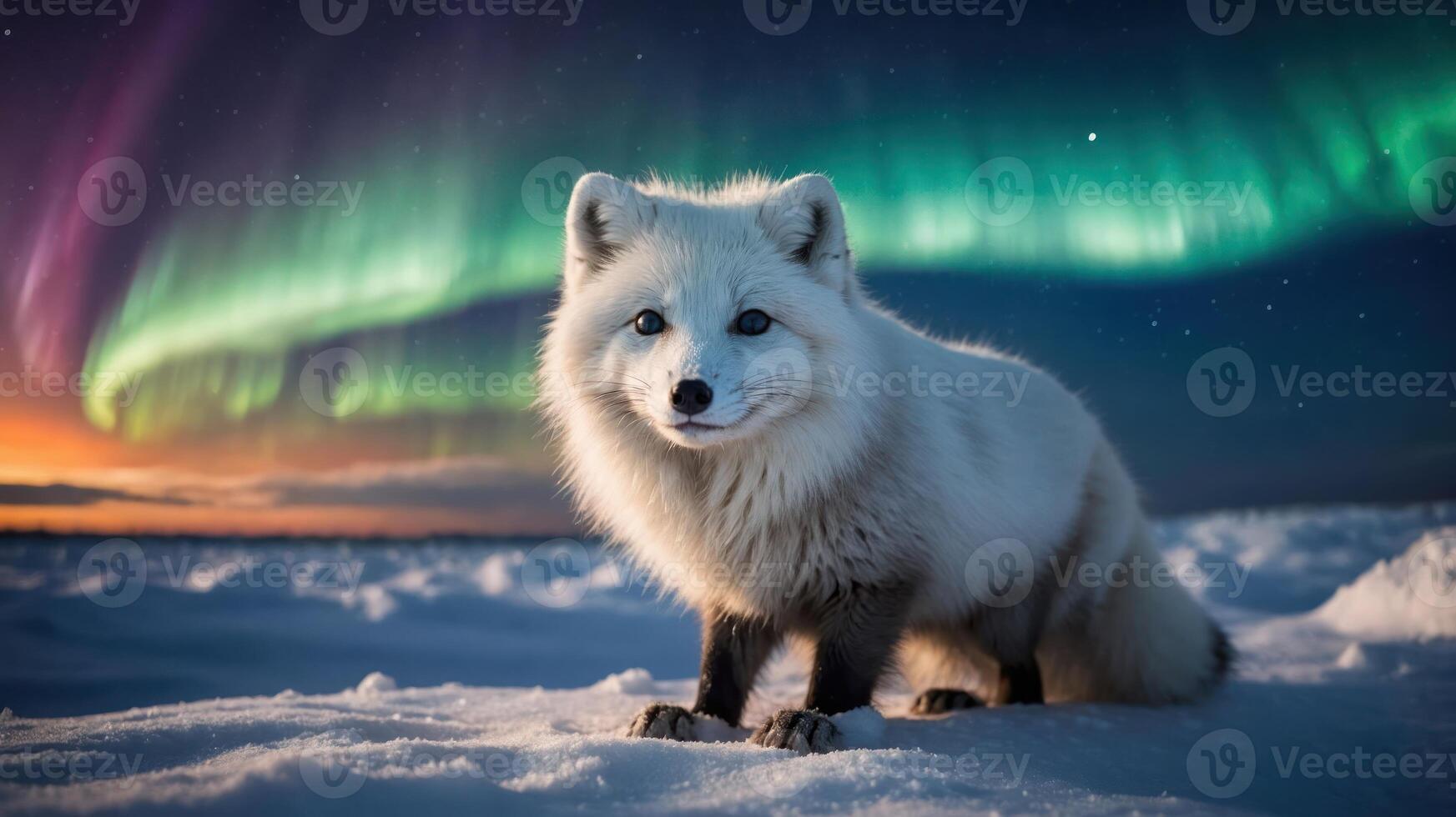 A majestic arctic fox stands on snow under a vibrant aurora borealis. photo