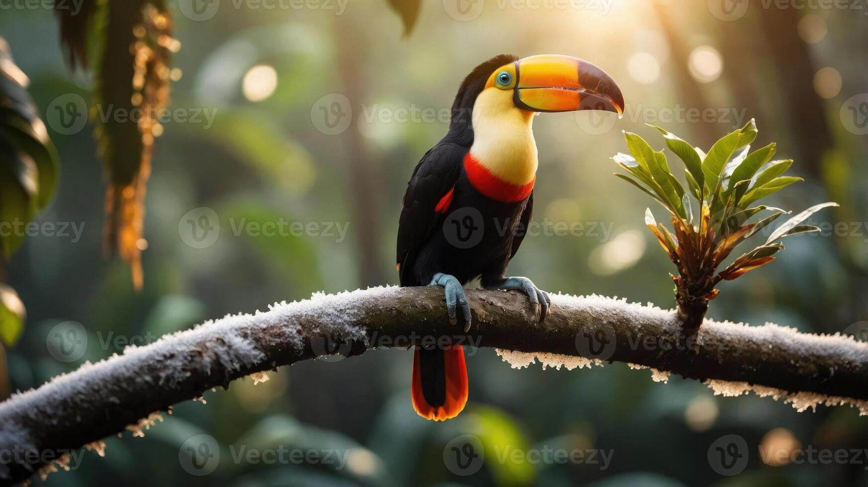 A vibrant toucan perched on a branch in a lush, green rainforest setting. photo