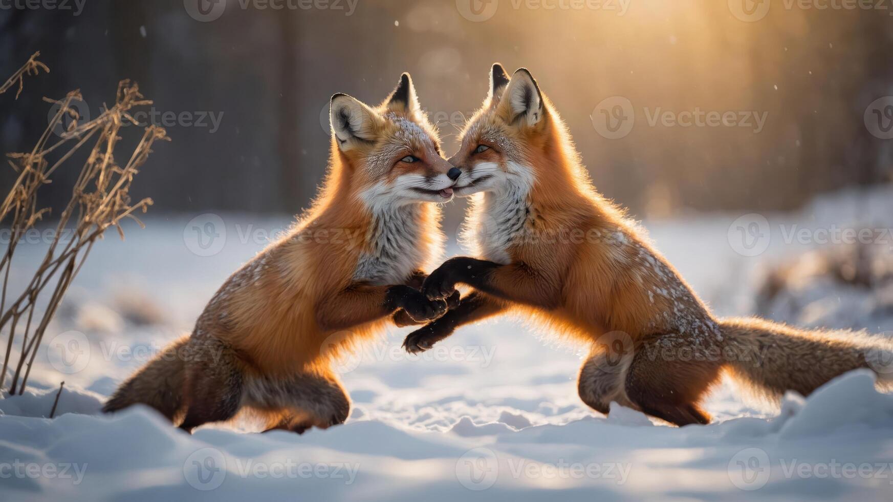 Two foxes playfully interacting in a snowy landscape during sunset. photo