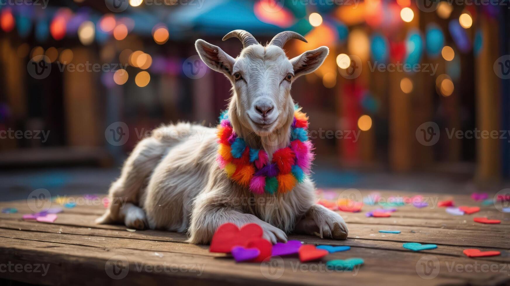 A goat adorned with a colorful necklace sits among heart-shaped decorations, creating a festive vibe. photo
