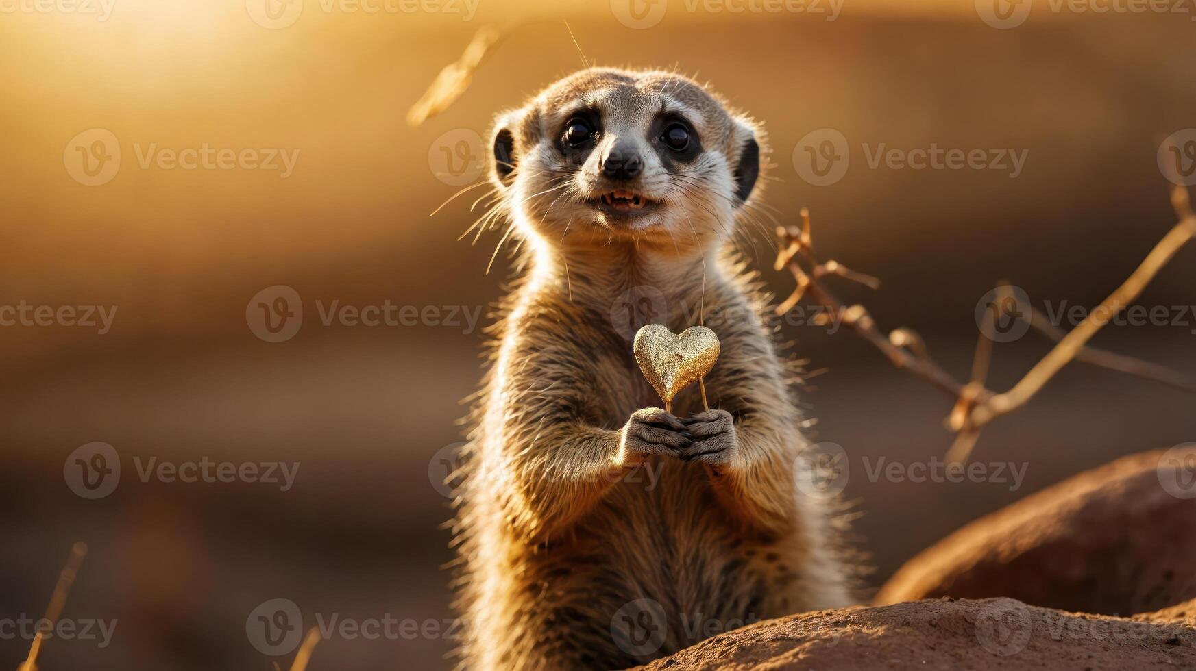 A playful meerkat holds a heart-shaped object, exuding charm and affection in a natural setting. photo