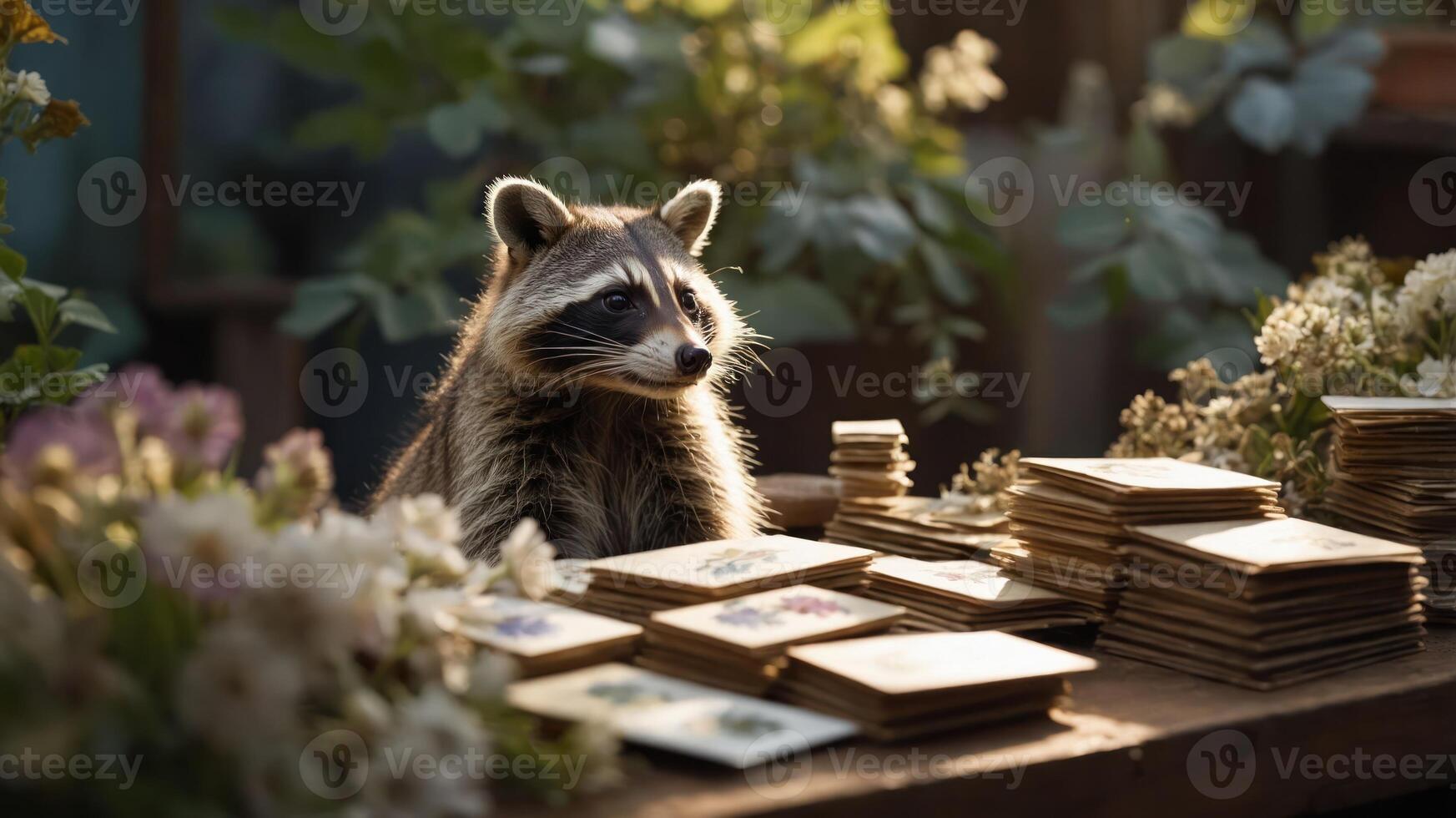 A raccoon sits among flower cards on a rustic table in a garden setting. photo