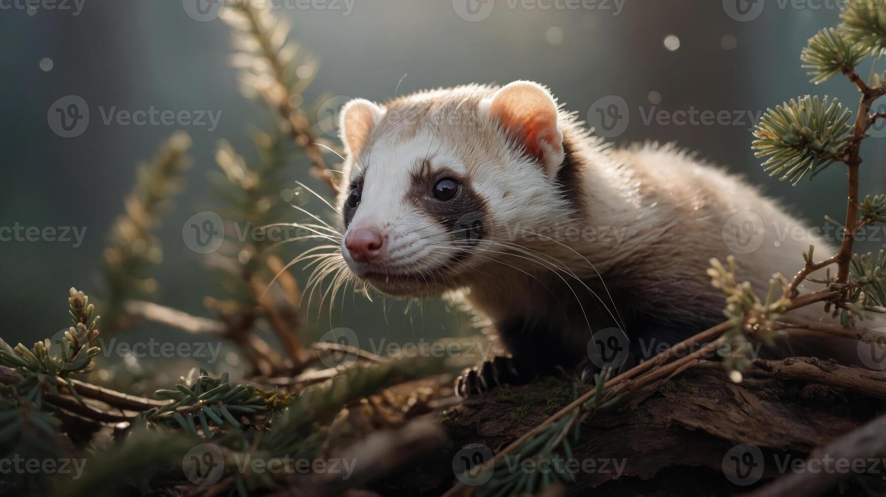 A close-up of a ferret-like animal in a forest setting, highlighting its features and habitat. photo