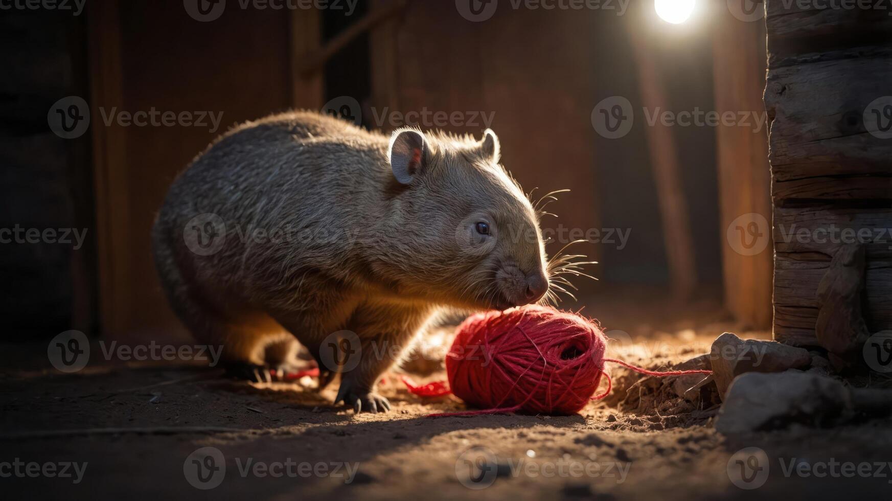 A wombat curiously investigates a ball of red yarn in a dimly lit rustic setting. photo