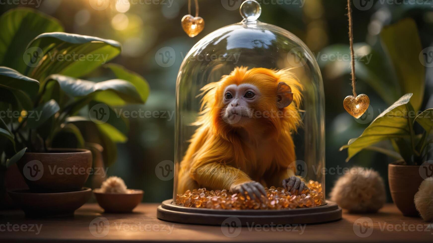 A golden monkey sits inside a glass dome, surrounded by plants and decorative elements. photo