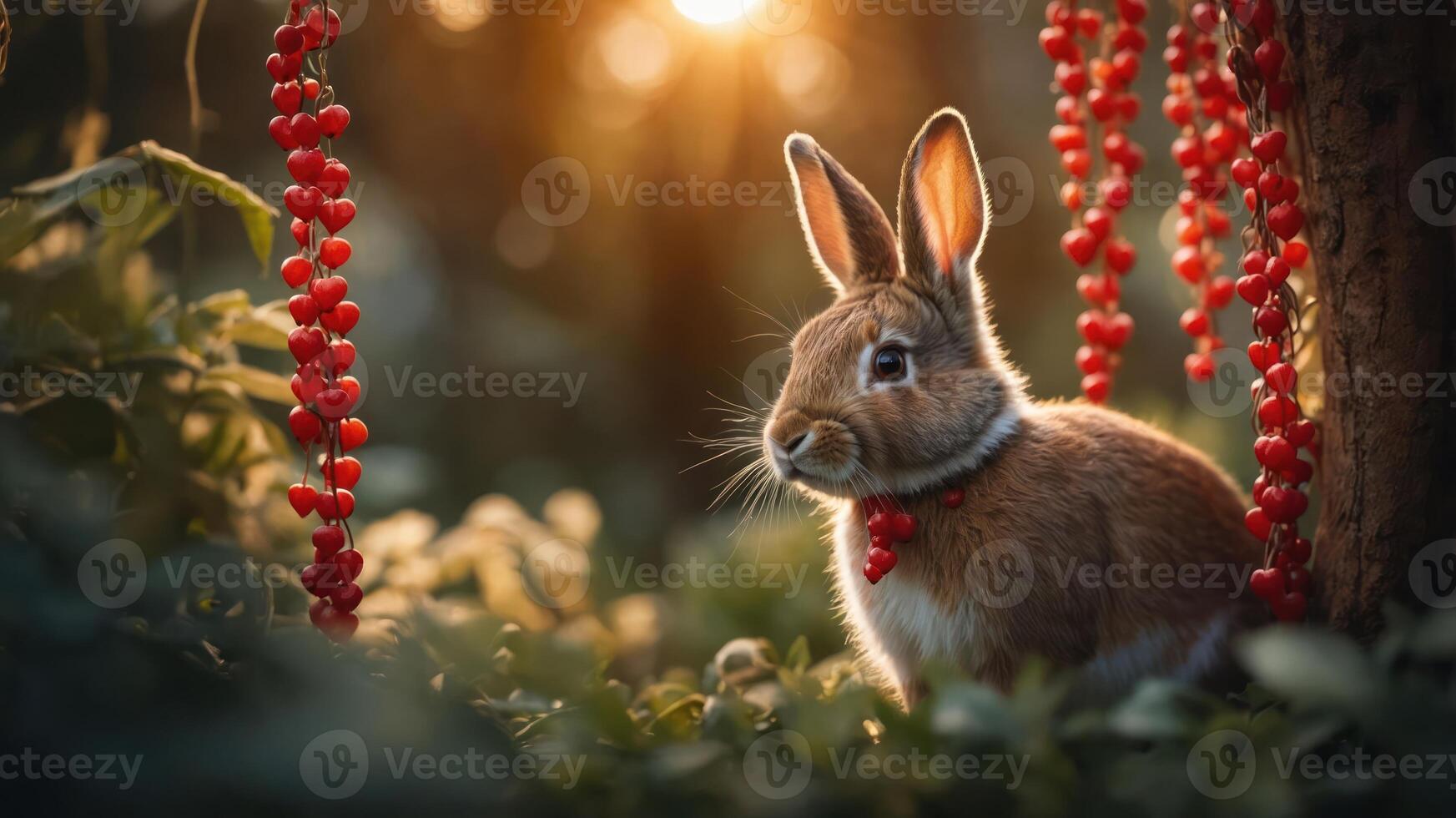A serene rabbit surrounded by vibrant red berries in a sunlit forest setting. photo