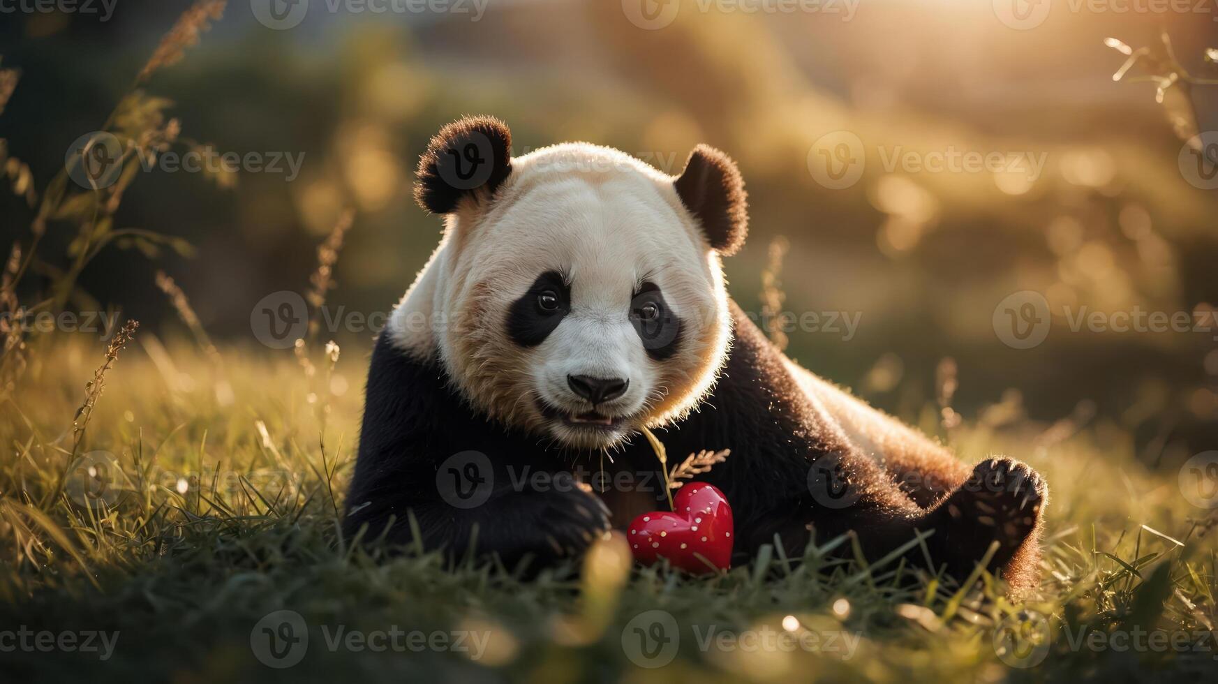 A panda lying on grass, holding a red heart-shaped object in a serene setting. photo