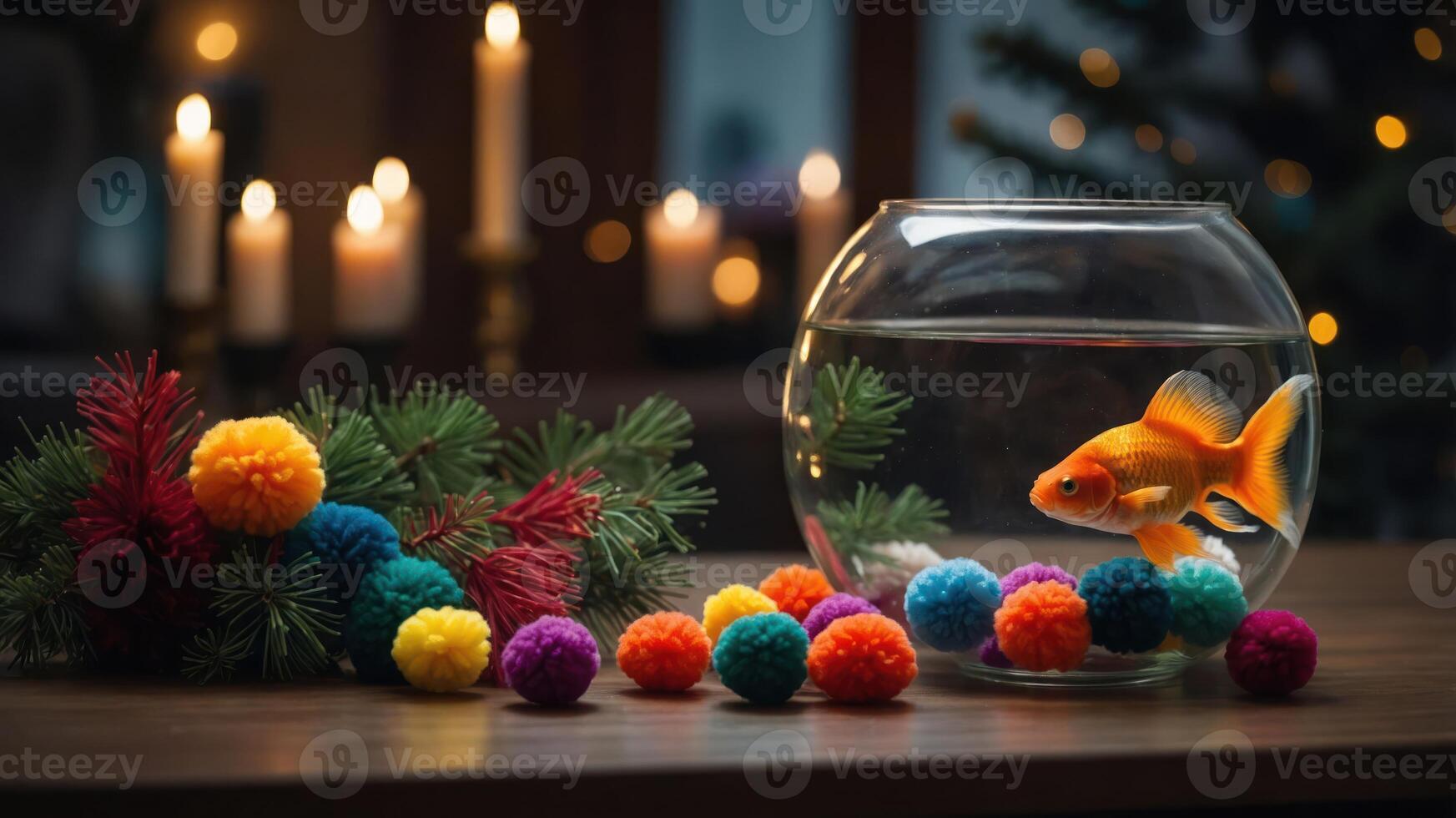 A goldfish swims in a bowl surrounded by colorful pom-poms and festive greenery. photo
