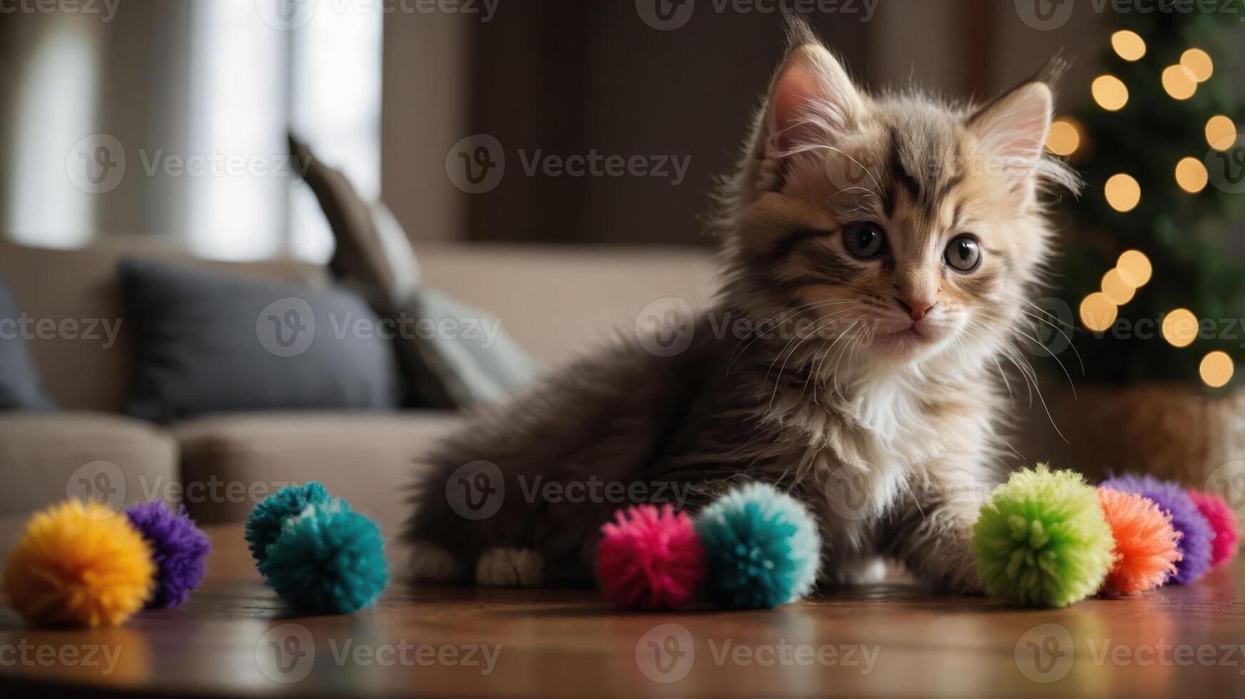 A playful kitten surrounded by colorful pom-poms in a cozy living room setting. photo