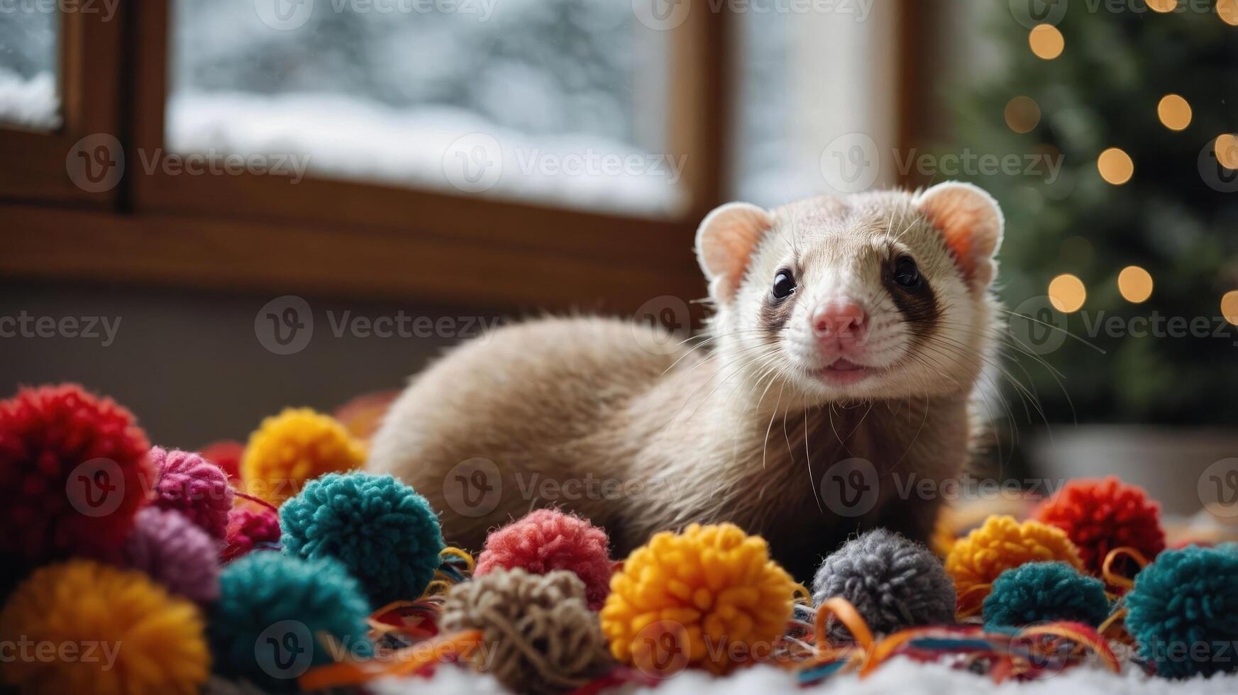 A playful ferret surrounded by colorful pom-poms in a cozy indoor setting. photo