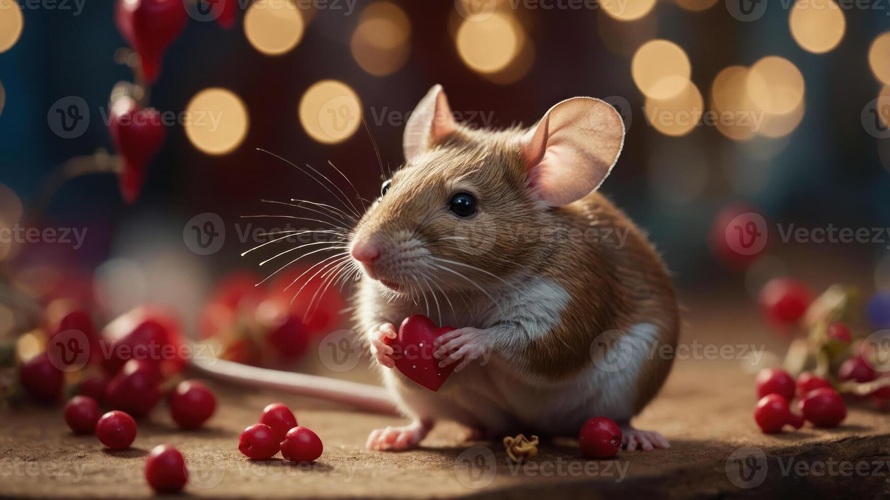 A cute mouse holding a heart-shaped object among berries, set against a festive background. photo