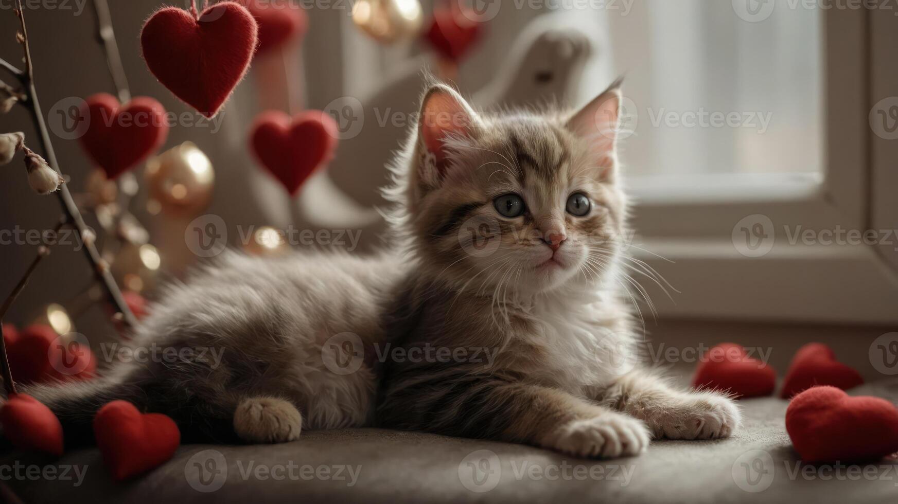 A fluffy kitten surrounded by heart decorations, evoking warmth and affection. photo