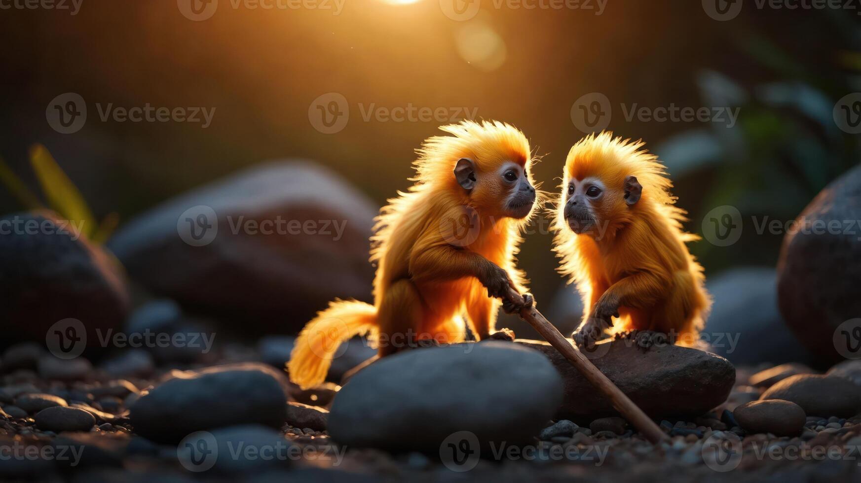 Two golden monkeys playfully interact among stones in a warm, natural setting. photo