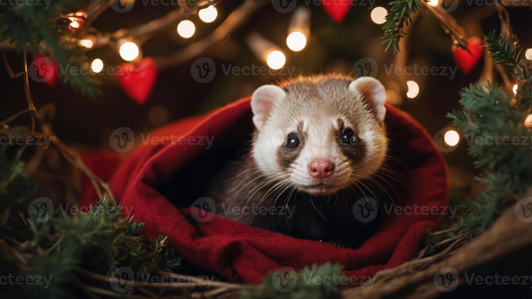 A cute ferret nestled in a cozy red blanket surrounded by festive lights and decorations. photo